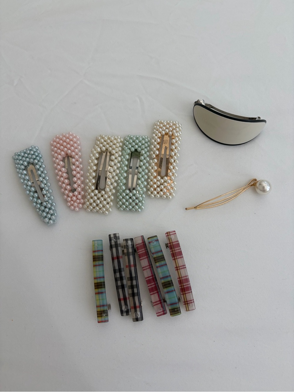 13 Assorted Pastel Pearl & Plaid Hair Clip Set - Women Accessories Bundle